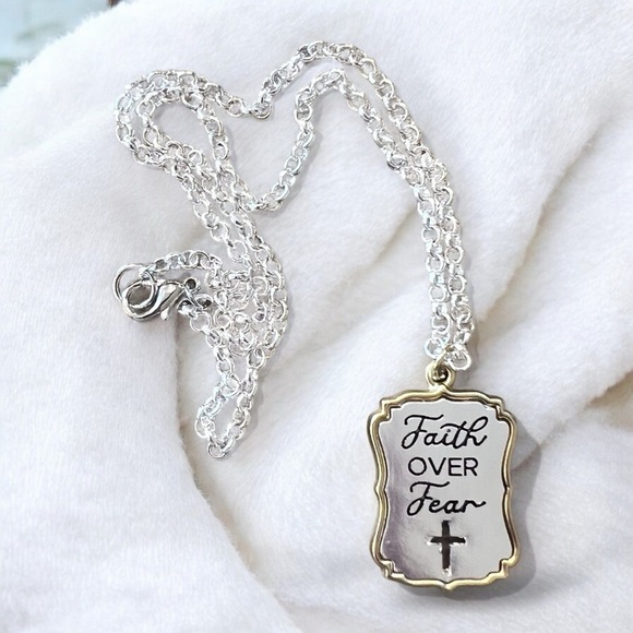 Silver and Gold Toned Pendant Necklace with Cross Detail “Faith Over Fear” - Picture 8 of 17
